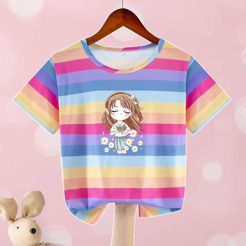 Áo Thun Unisex Bằng Lụa Lạnh Màu Cầu Vồng Cho Bé Gái