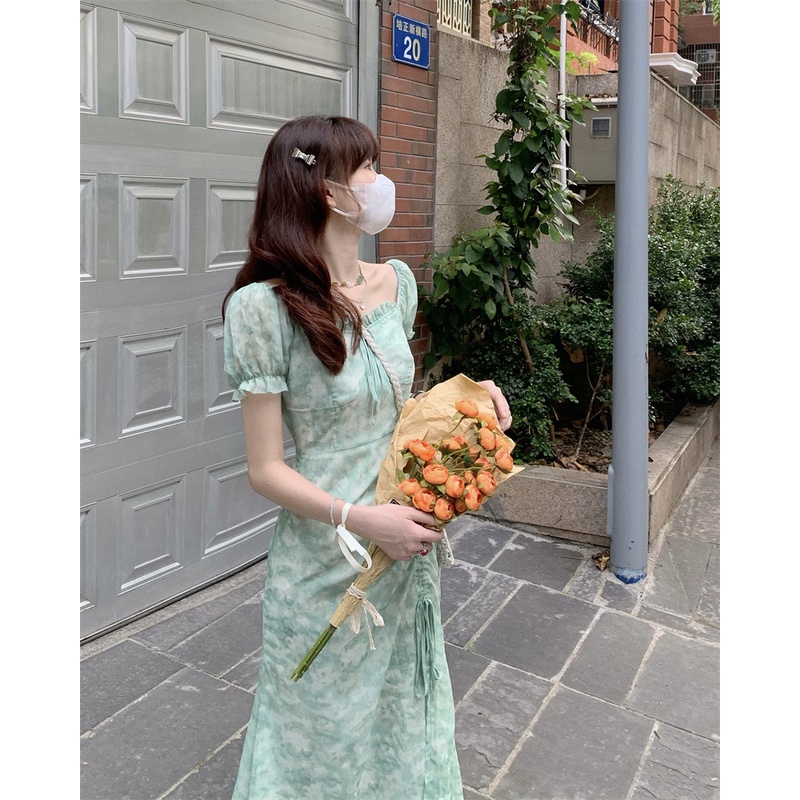 HUANG YOYO Đầm chiffon Dài Cổ Vuông Tay Ngắn Xẻ Tà Thời Trang Hàn Quốc Cho Nữ