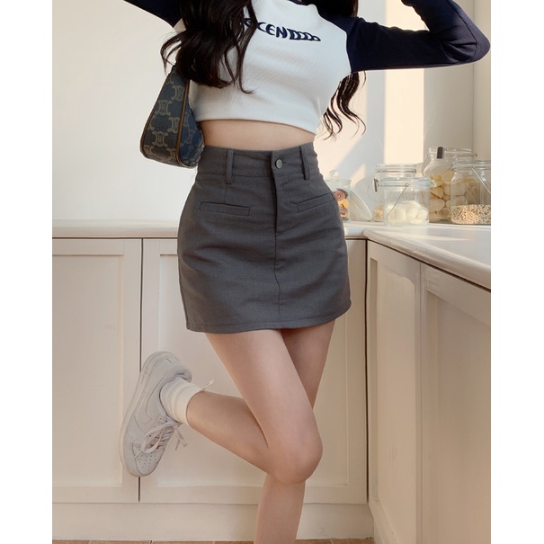 SUXI Chân Váy Mini Lưng Cao Dáng Ôm Màu Xám Thời Trang Quyến Rũ Cho Nữ