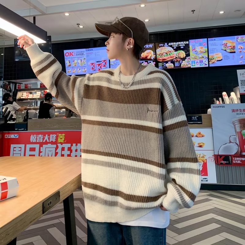 Áo Sweater Dệt Kim Kẻ Sọc Màu Sắc Tương Phản Phong Cách Retro Nhật Bản Cho Nam Giới Size M-2XL