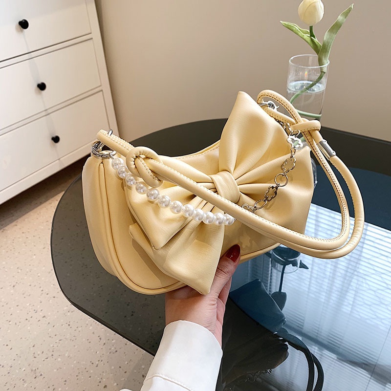 Favour Túi Xách Đeo Dưới Cánh Tay Đính Nơ Ngọc Trai Phối Dây Xích Thời Trang Mới Cho Nữ