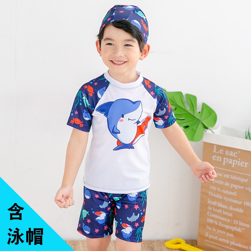 Bộ đồ bơi bé trai in hình cá heo hoạ tiết ngộ nghĩnh cho bé từ 2 tuổi đến 12 tuổi, 12kg đến 35kg [Kèm Mũ]
