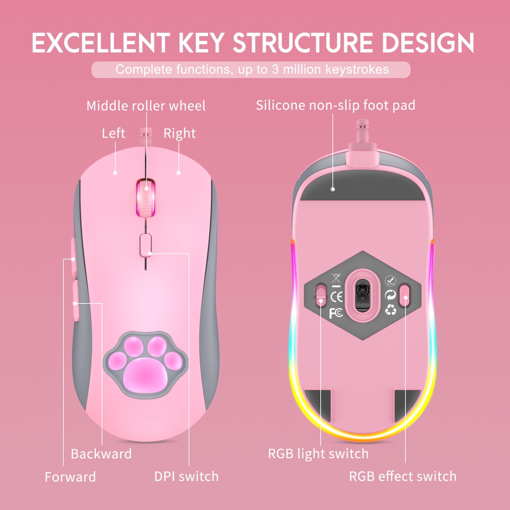 Chuột Chơi Game Có Dây CW918 RGB 6 Mức Độ 7200 DPI Hình Dấu Chân Mèo Dễ Thương