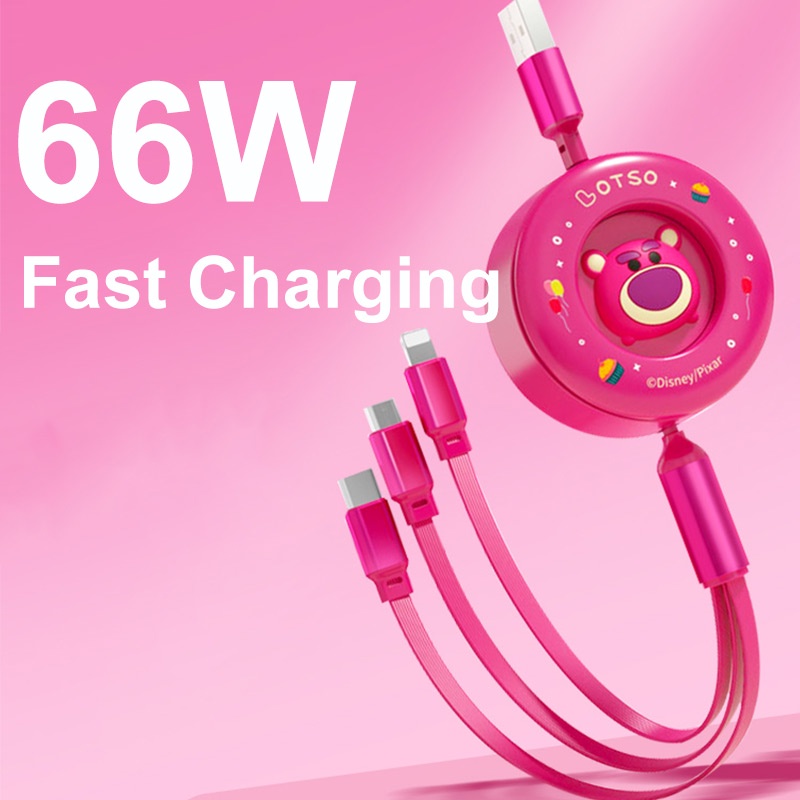 DISNEY Cáp Sạc Nhanh 6A 3 Trong 1 Cổng Micro USB Type-c 66W Hình Bánh Donut Winnie The Pooh Mickey Minnie Người Ngoài Hành Tinh Lotso