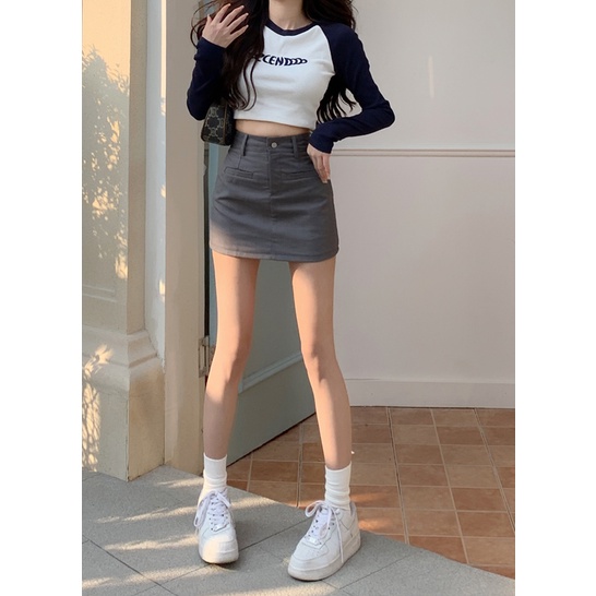 SUXI Chân Váy Mini Lưng Cao Dáng Ôm Màu Xám Thời Trang Quyến Rũ Cho Nữ