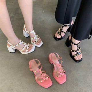 Giày cao gót 3.54 inch mũi vuông đính đinh tán thời trang cho nữ size 35-39