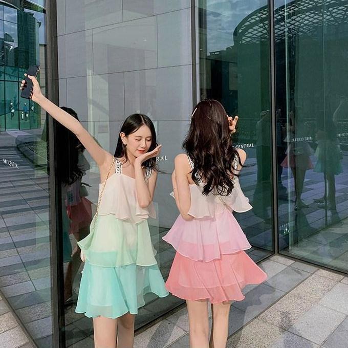 Đầm Voan Hai Dây Màu Hồng Gradient Phong Cách Hàn Quốc Thời Trang Mùa Hè Mới 2022