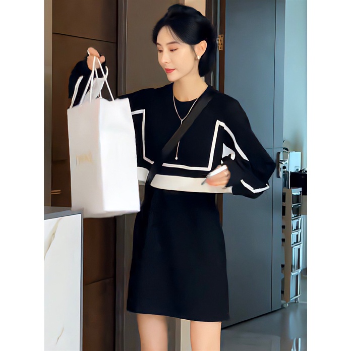 UIOWOO Đầm sweater Giả Hai Mảnh Phối Màu Tương Phản Thời Trang Mùa Thu Cho Nữ