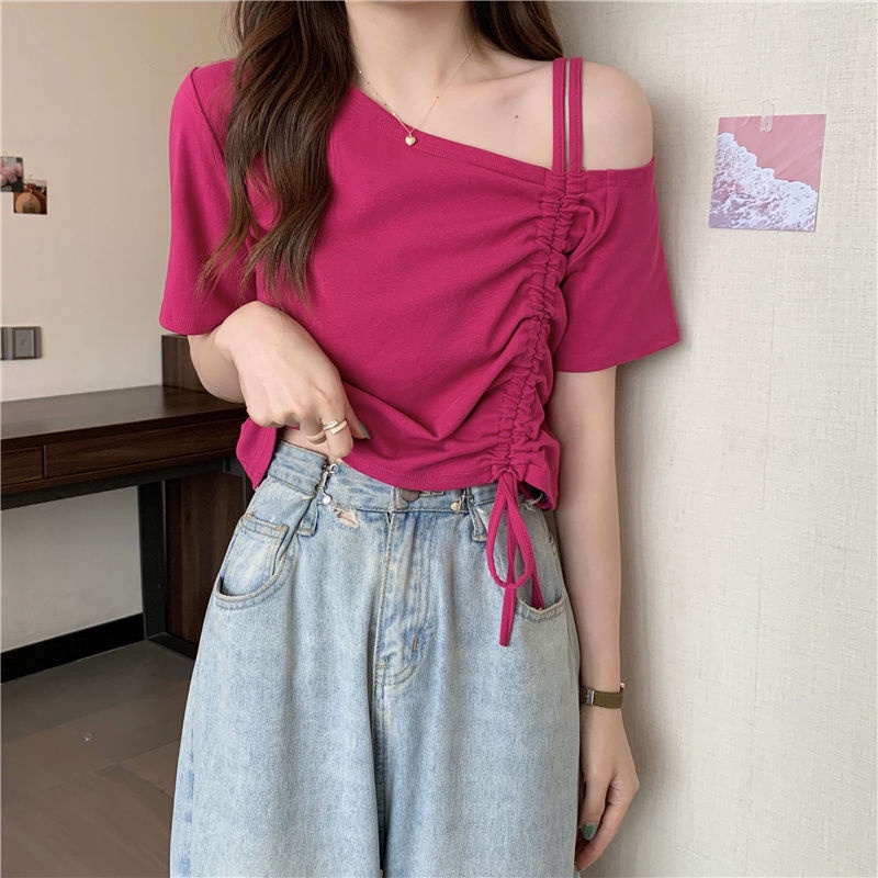 Áo Thun Croptop Tay Ngắn Thiết Kế Dây Rút Phong Cách Hàn Quốc Mới Thời Trang Mùa Hè Cá