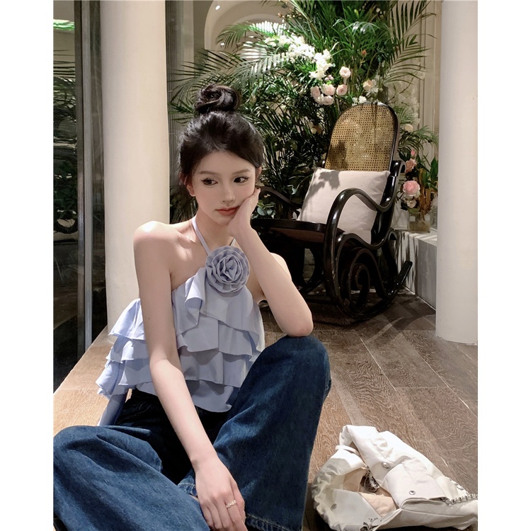 QADCOL Áo Hai Dây Ngắn In Hoa Phong Cách Pháp Thời Trang Cho Nữ