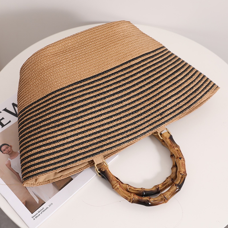 Túi Xách Giả Rơm Kẻ Sọc Sức Chứa Lớn Phong Cách Pháp Cổ Điển Cho Nữ