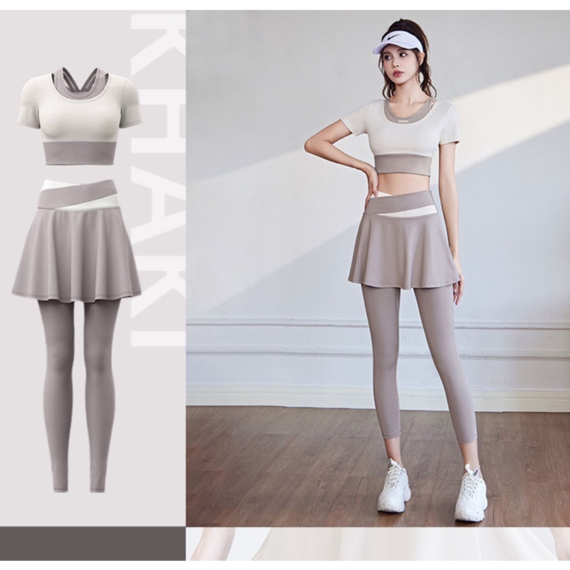 Bộ Áo Thun Tay Ngắn Phối Quần Legging Lưng Cao Co Giãn Tốt Nhanh Khô Màu Sắc Tương Phản Thời Trang Cho Nữ