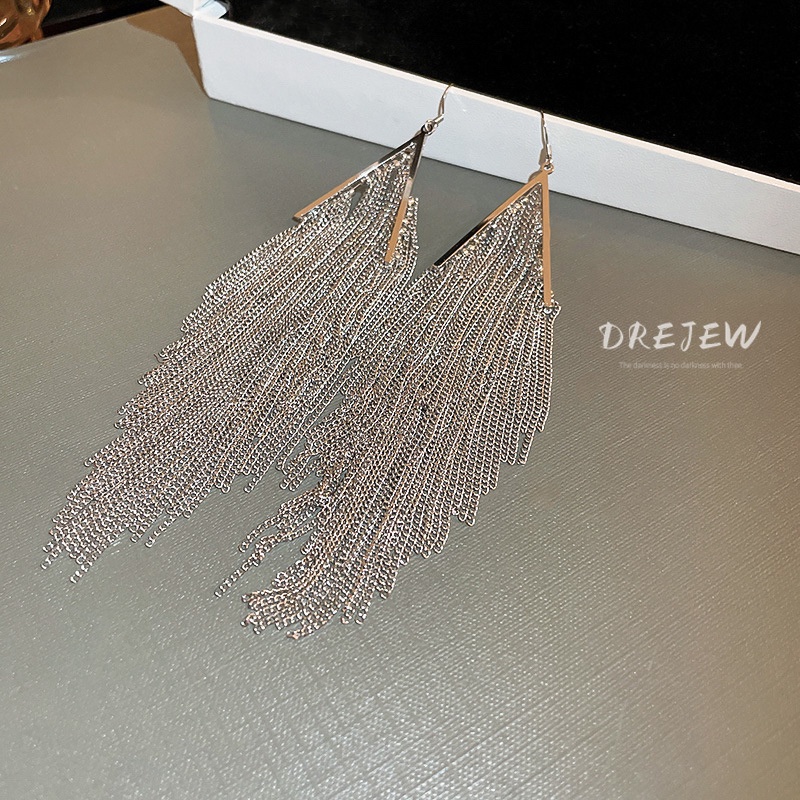 Khuyên tai DREJEW 1 kim loại dáng dài phối tua rua phong cách Âu Mỹ thời trang cao cấp cho nữ
