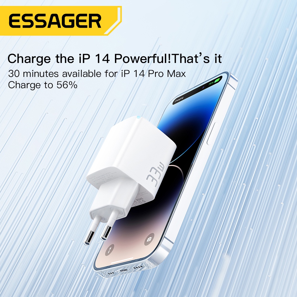 Cục sạc nhanh ESSAGER 33W GaN USB C PD thích hợp cho iP 14 13 Max Pro iPd