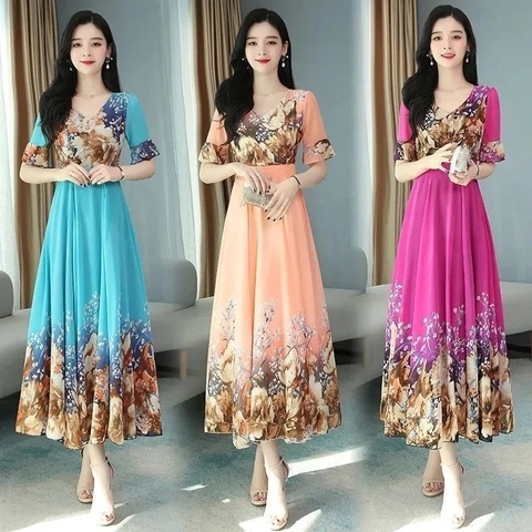 Đầm Dài Đến Đầu Gối Ôm Eo Vải Lụa Lạnh Cổ Chữ V Thời Trang Xuân Hè Hàn Quốc 2023