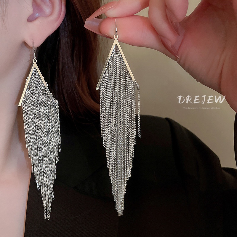 Khuyên tai DREJEW 1 kim loại dáng dài phối tua rua phong cách Âu Mỹ thời trang cao cấp cho nữ