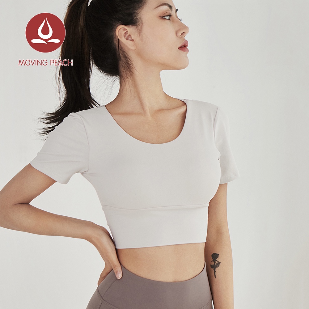 MOVING PEACH Áo thun thể thao croptop tay ngắn có đệm ngực thời trang yoga dành cho nữ ATH