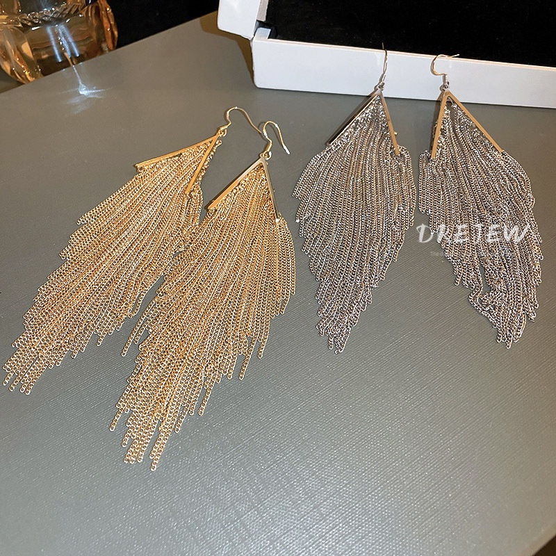 Khuyên tai DREJEW 1 kim loại dáng dài phối tua rua phong cách Âu Mỹ thời trang cao cấp cho nữ