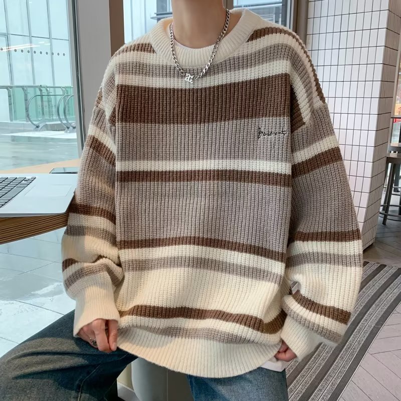 Áo Sweater Dệt Kim Kẻ Sọc Màu Sắc Tương Phản Phong Cách Retro Nhật Bản Cho Nam Giới Size M-2XL