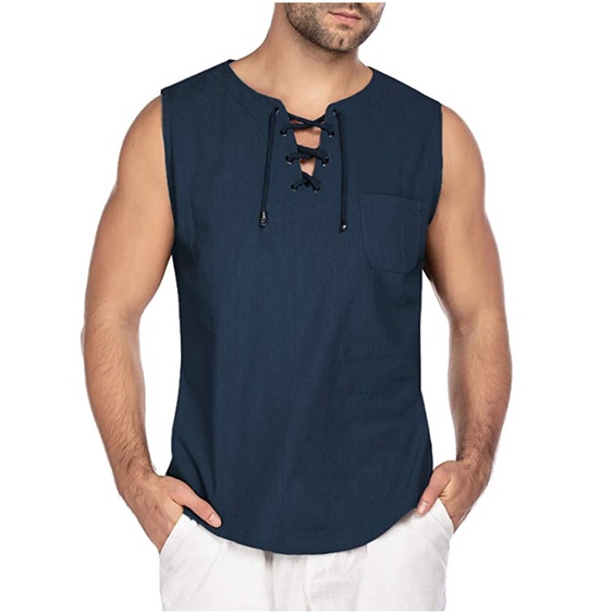 Áo Thun Cotton Lanh Tay Ngắn Cột Dây Màu Xanh Dương Đậm Thời Trang Âu Mỹ 2023 Cho Nam