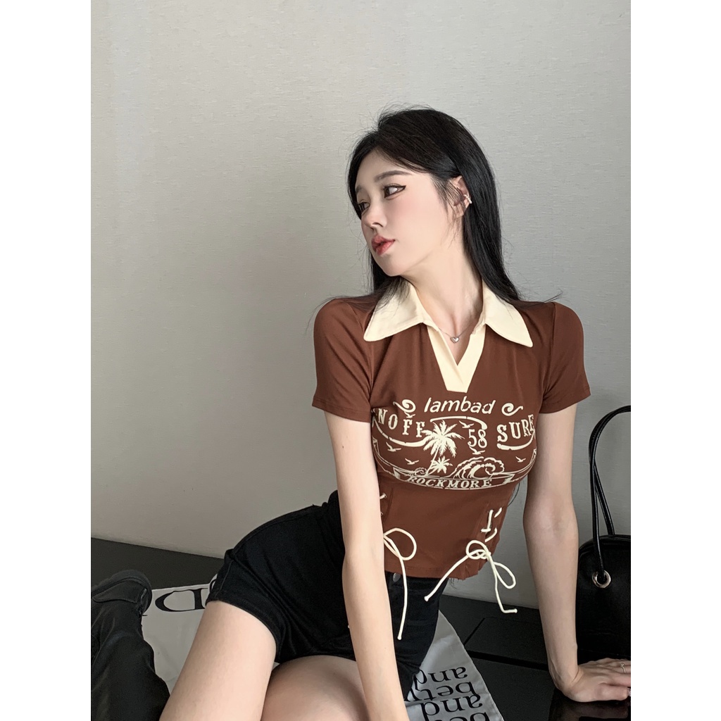 Áo Thun Tay Ngắn Cổ Polo Phối Ren Thời Trang Mùa Hè Phong Cách Mỹ Cho Nữ