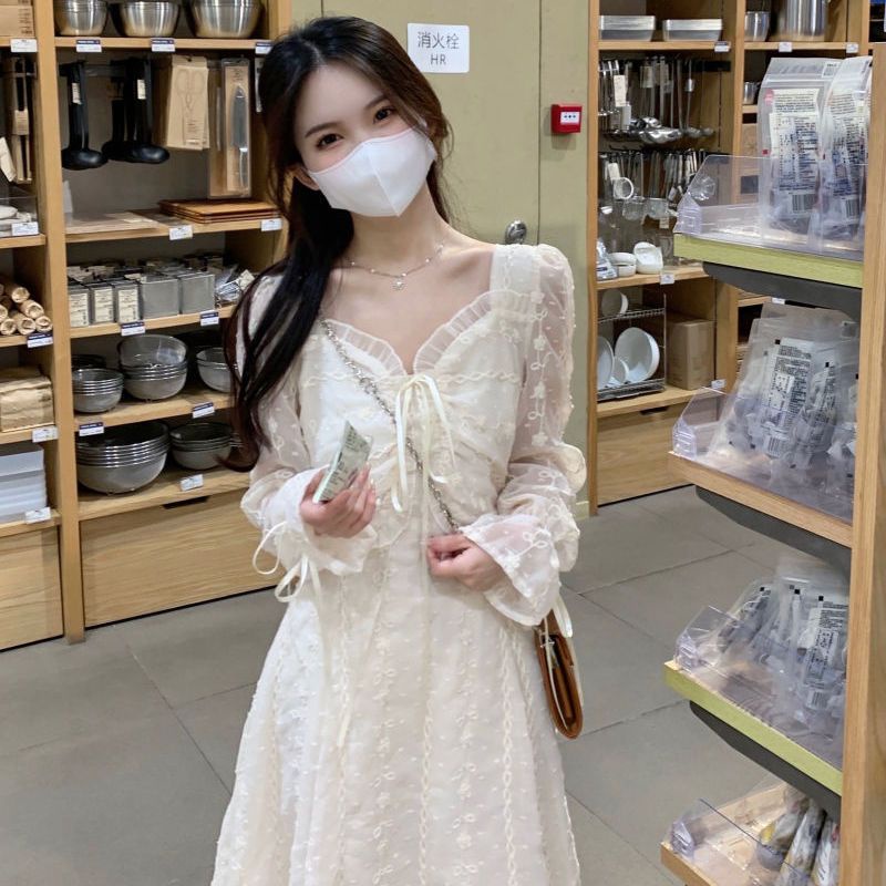 Đầm Voan Cổ Chữ v Phối Ren Mỏng Thêu Họa Tiết Phong Cách Pháp Nhẹ Nhàng Mới