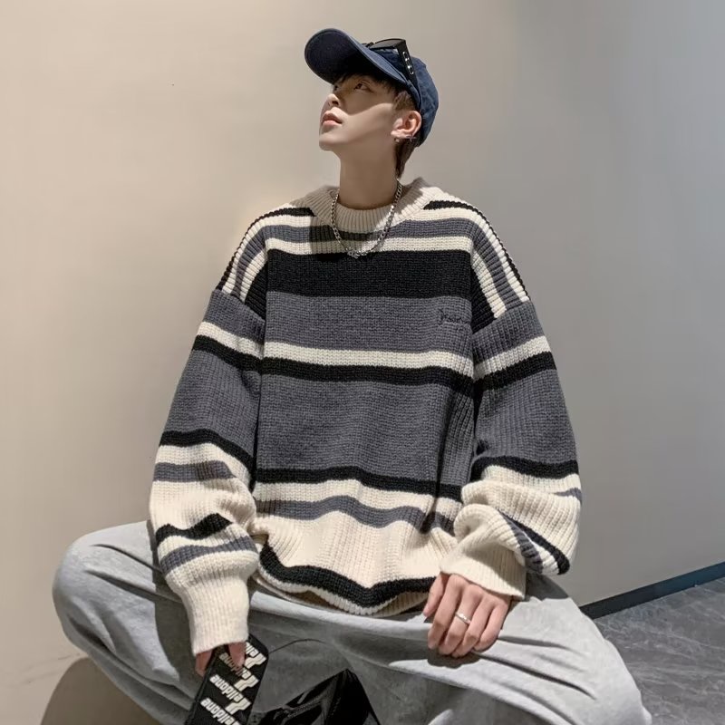 Áo Sweater Dệt Kim Kẻ Sọc Màu Sắc Tương Phản Phong Cách Retro Nhật Bản Cho Nam Giới Size M-2XL