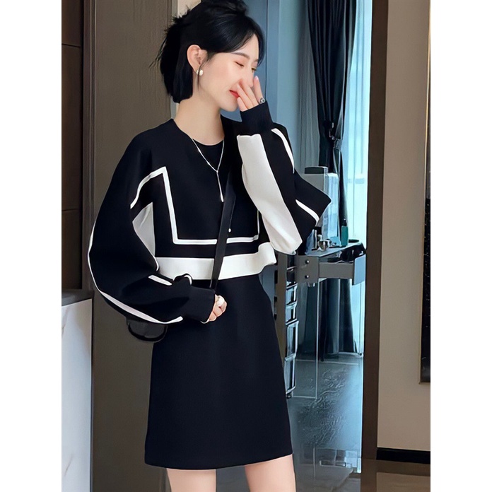 UIOWOO Đầm sweater Giả Hai Mảnh Phối Màu Tương Phản Thời Trang Mùa Thu Cho Nữ