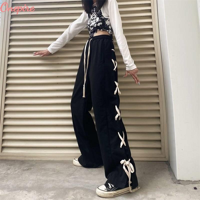 quân tây nu quân baggy nu Quần Dài Lưng Cao Ống Rộng Cột Dây Màu Đen Thời Trang Mùa Xuân Cho Nữ
