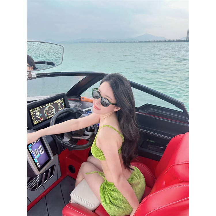 Bộ Đồ Bơi Bikini 3 Mảnh Có Viền Kim Loại Và Váy Màu Trơn Gợi Cảm Hàng Mới Dành Cho Bạn Nữ