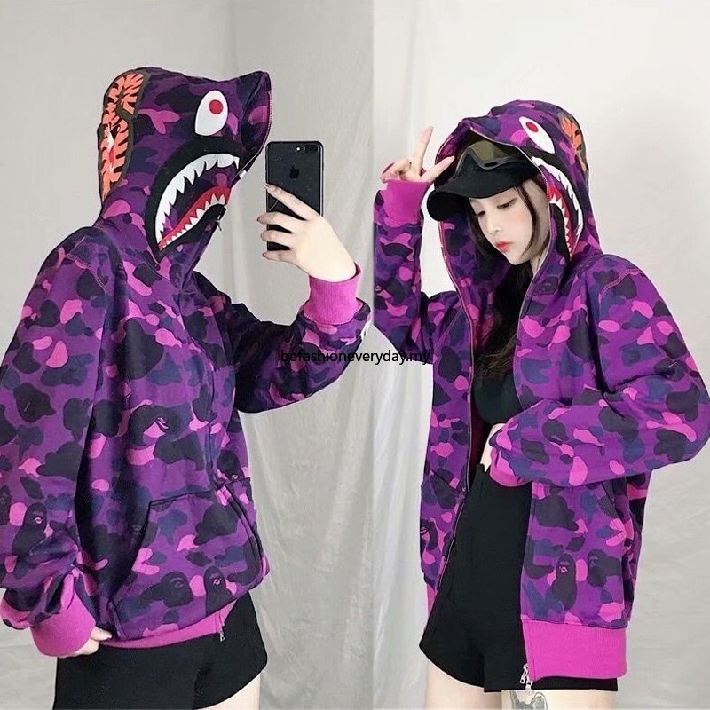 Bape Áo Khoác Hoodie Tay Dài Dáng Rộng In logo BAPE X MCM Họa Tiết Rằn Ri Thêu logo Bên Hông
