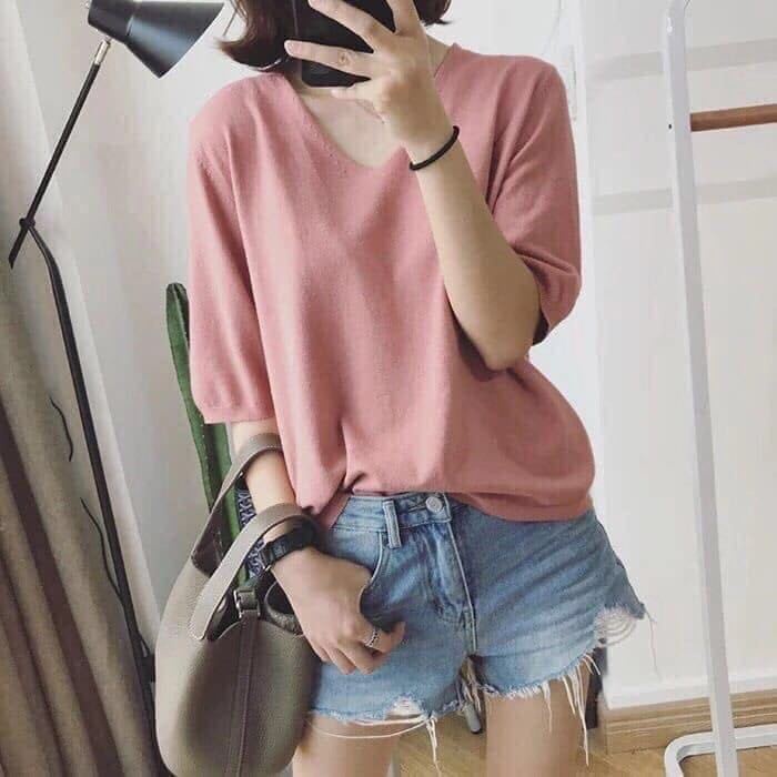 Áo Thun Tay Lửng Cổ Chữ V Màu Sắc Đơn Giản Phong Cách Hàn Quốc Cho Nữ