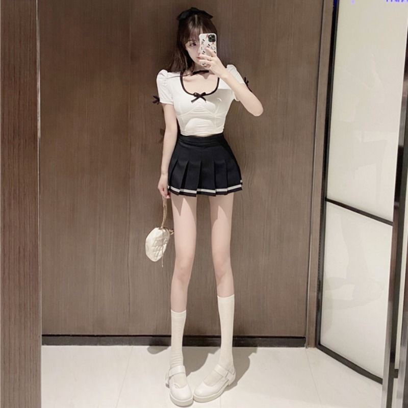 Set Áo Thun Tay Ngắn Phối Chân Váy Xếp Ly Lưng Cao Thời Trang Mùa Hè   Cho Nữ