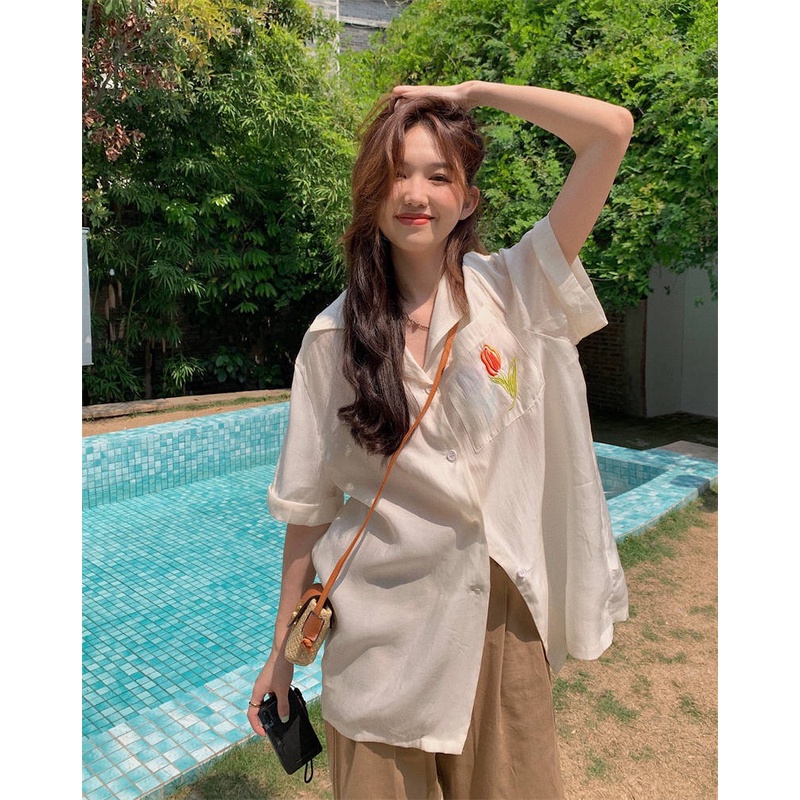 Áo Sơ Mi Chống Nắng Tay Ngắn Dáng Rộng Thời Trang Mùa Hè Phong Cách Hàn Quốc Cho Nữ