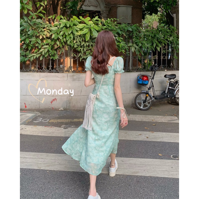 HUANG YOYO Đầm chiffon Dài Cổ Vuông Tay Ngắn Xẻ Tà Thời Trang Hàn Quốc Cho Nữ