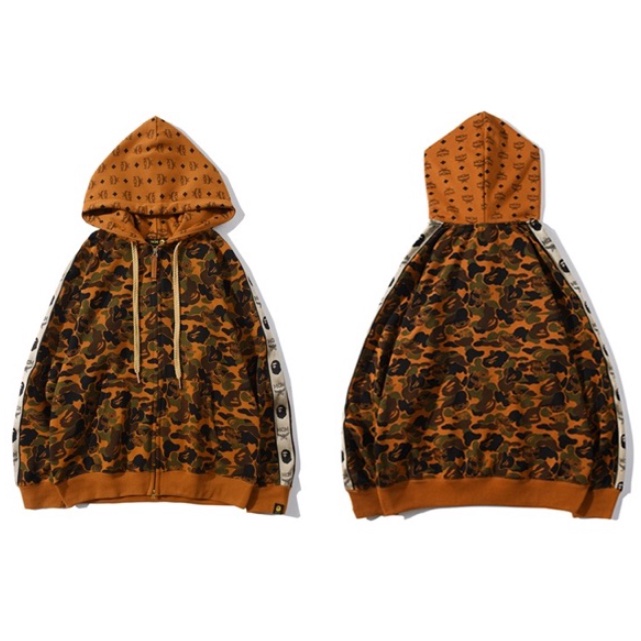 Bape Áo Khoác Hoodie Tay Dài Dáng Rộng In logo BAPE X MCM Họa Tiết Rằn Ri Thêu logo Bên Hông