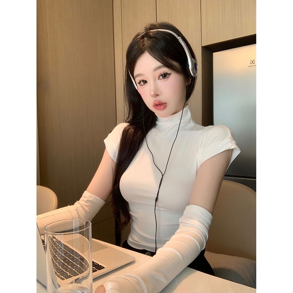 Áo thun COZOKC tay ngắn cổ cao dáng ôm phối ống tay áo rời thời trang