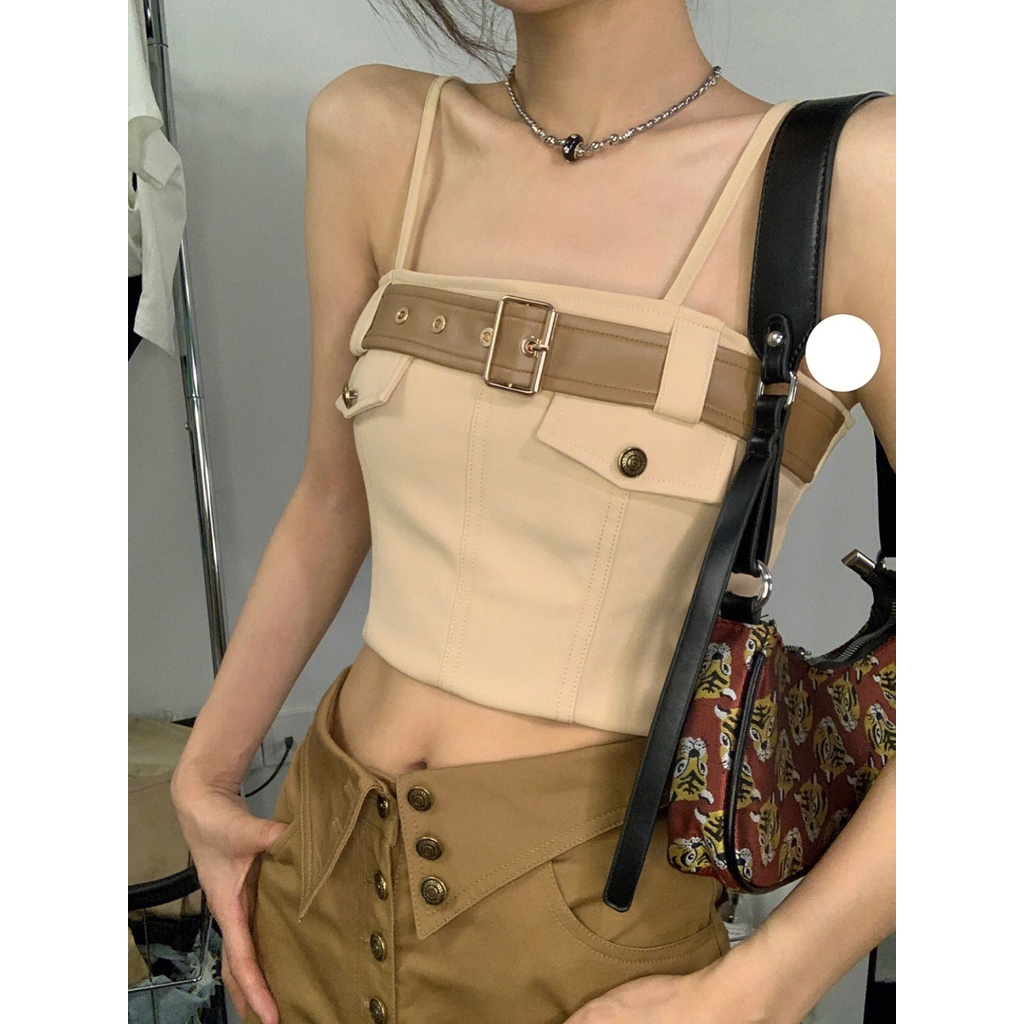 Áo Kaki Hai Dây Ôm Dáng Phong Cách Retro Cho Nữ