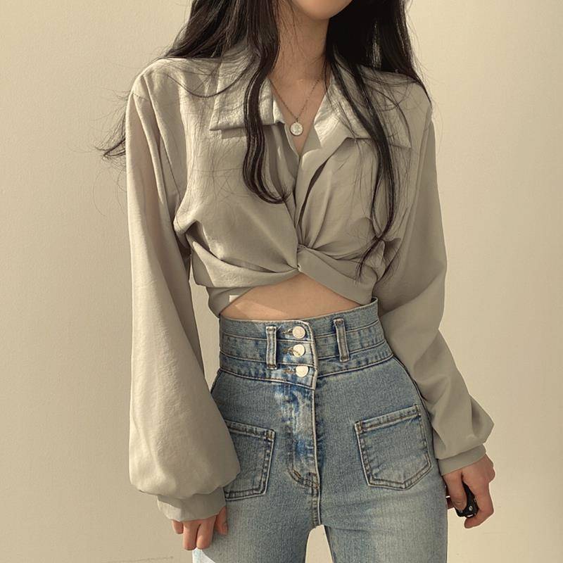 Áo Croptop Thắt Nút Phong Cách Hàn Quốc Cổ Điển Thời Trang Xuân Hè Hàng Mới