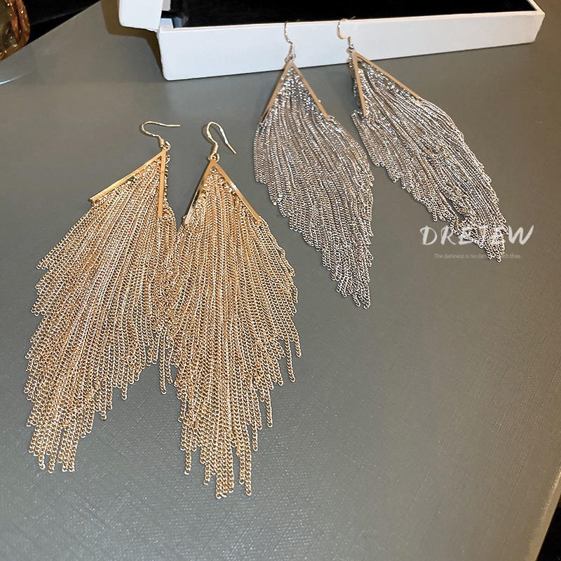 Khuyên tai DREJEW 1 kim loại dáng dài phối tua rua phong cách Âu Mỹ thời trang cao cấp cho nữ