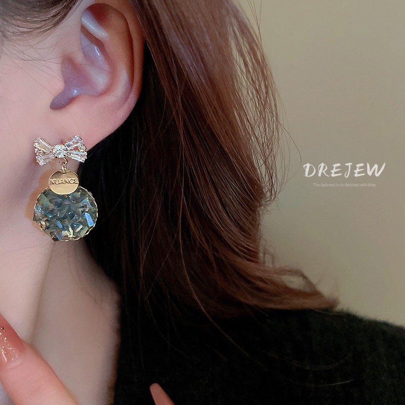 DREJEW Bông Tai Mạ Bạc Hình Tròn Đính Kim Cương Pha Lê In Chữ Phong Cách Hàn Quốc Sang Trọng Thời Trang Cho Nữ 1