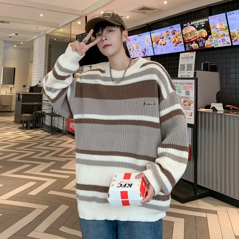 Áo Sweater Dệt Kim Kẻ Sọc Màu Sắc Tương Phản Phong Cách Retro Nhật Bản Cho Nam Giới Size M-2XL