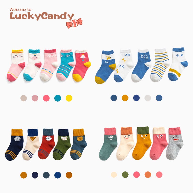 Set 5 đôi vớ Luckycandy bằng cotton chống trượt thiết kế cho bé từ 1-12 tuổi