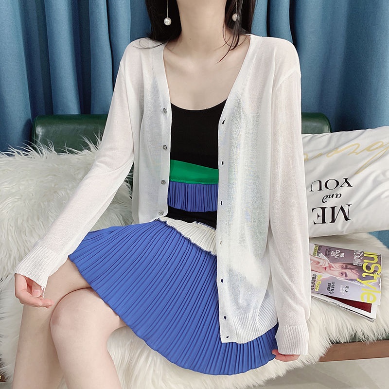 Áo Khoác Cardigan Dệt Kim Cổ Chữ V Chống Nắng Màu Sắc Đơn Giản Cho Nữ