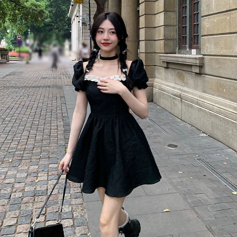 Váy babydoll đâm babydoll đâm du tiec Đầm Chữ a Tay Ngắn Phồng Thắt Nơ Nhỏ Phong Cách Pháp Ngọt Ngào Thời Trang Mùa Hè Mới Dành Cho Bạn Nữ