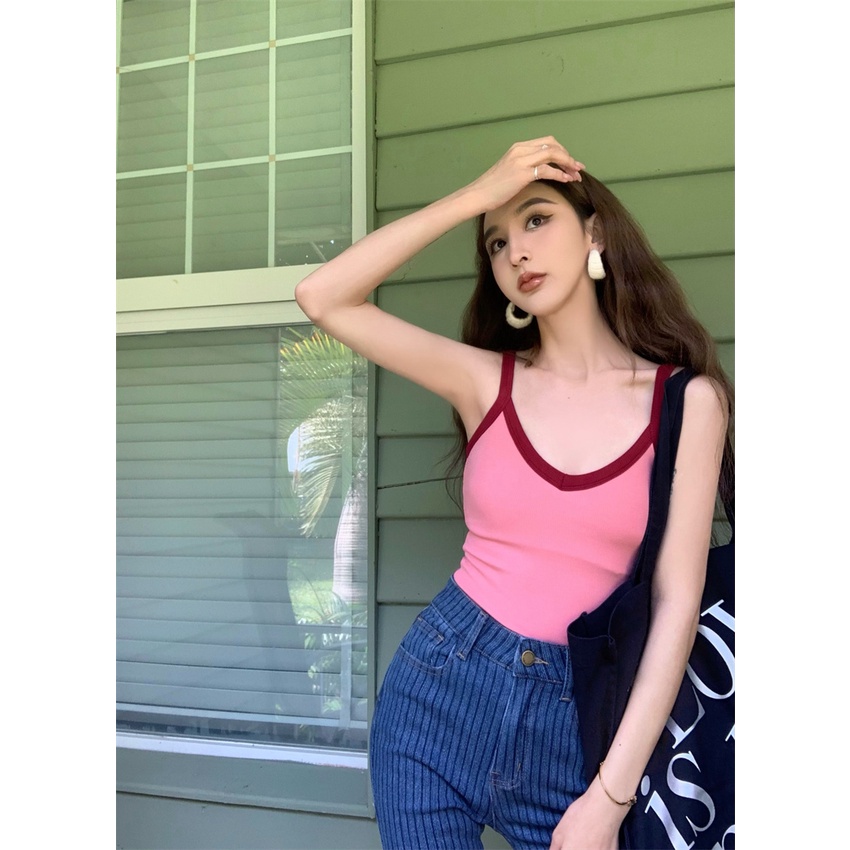 QADCOL Áo Hai Dây Mỏng Ôm Dáng Màu Sắc Tương Phản Phong Cách Hong Kong Cho Nữ