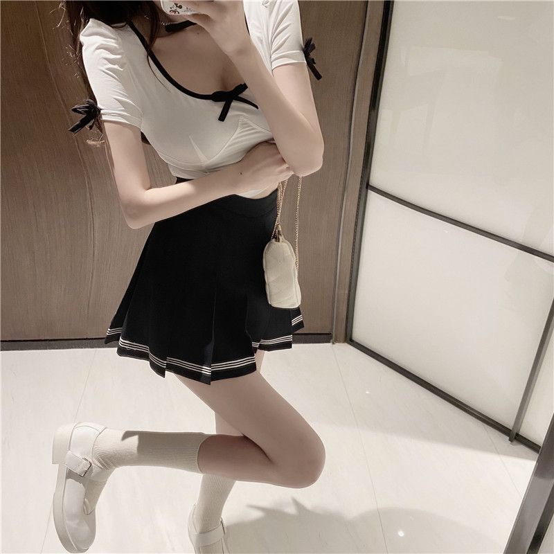 Set Áo Thun Tay Ngắn Phối Chân Váy Xếp Ly Lưng Cao Thời Trang Mùa Hè   Cho Nữ