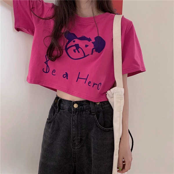 ❇Hồng đỏ đầu mùa hè ngọt ngào sexy ngắn tay 2021 lưới đỏ t-shirt nữ ins siêu lửa ngắn hiển thị gầy đầu mùa hè☜
