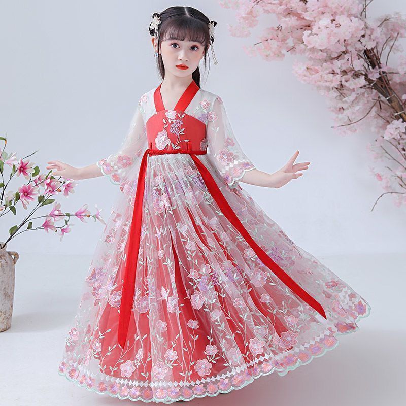Đầm Bé Gái Mùa Hè 2023 Váy Thời Trang Mới Hanfu Công Chúa Hoa Anh Đào Trẻ Em