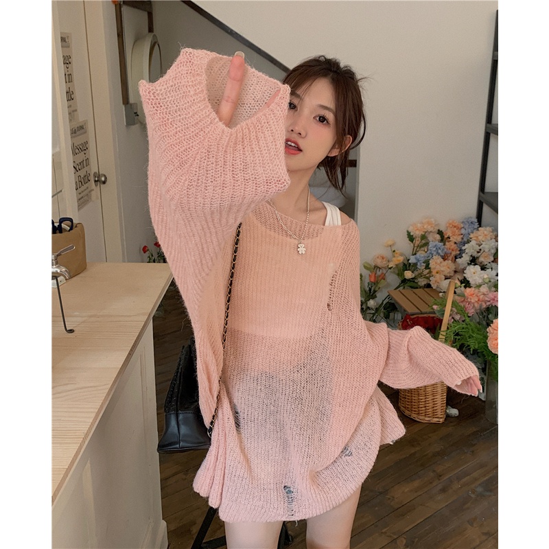 Áo sweater Dệt Kim Tay Dài Chống Nắng Dáng Rộng Thiết Kế Rách Thời Trang Mùa Thu Cho Nữ